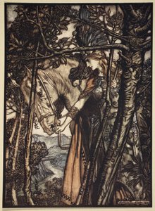 Brunnhilde conduit lentement et silencieusement son cheval vers la grotte, illustration de 